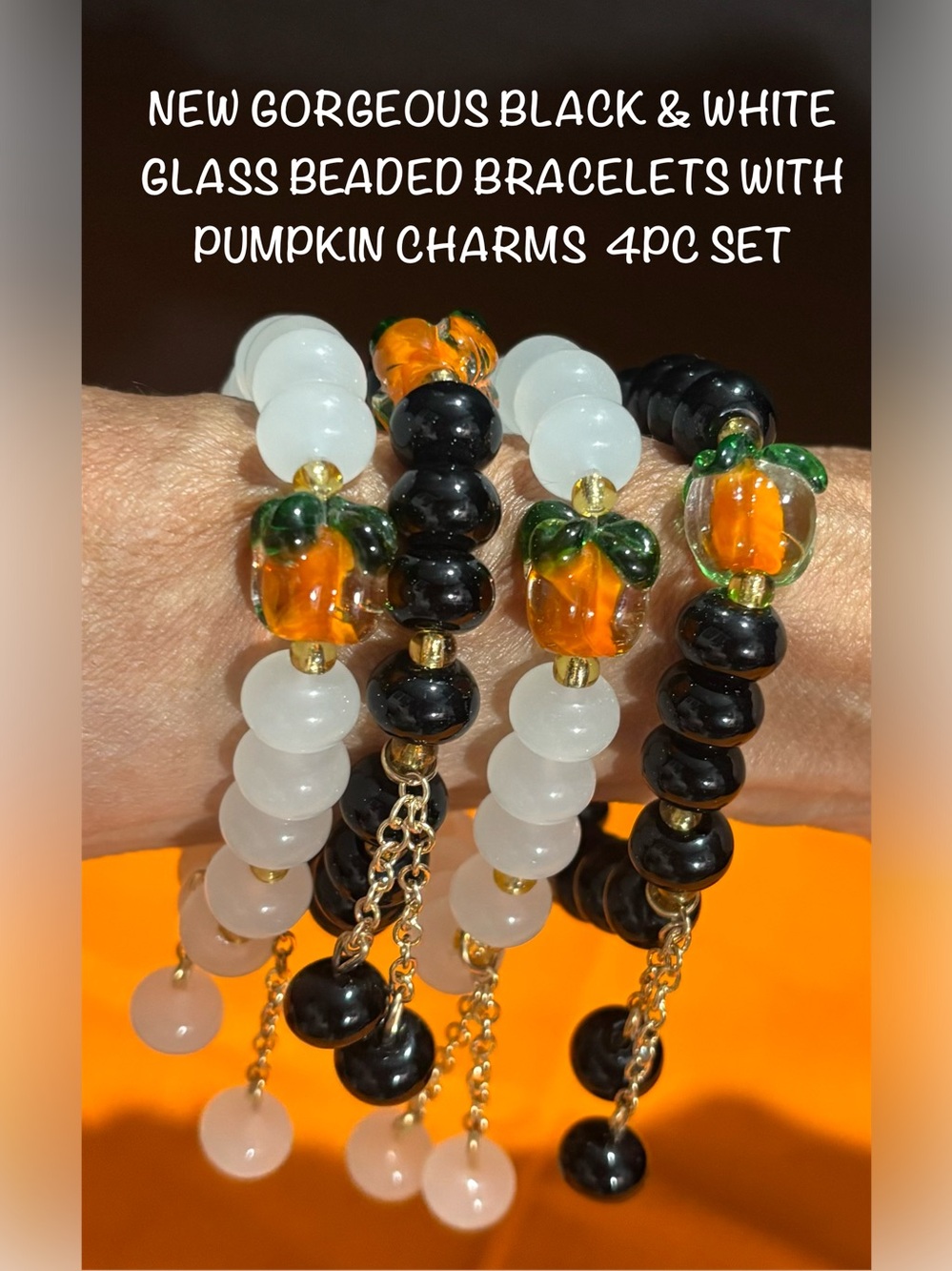 New Autumn Black & White Glass Beaded Bracelet Set with Orange Pumpkin Charms